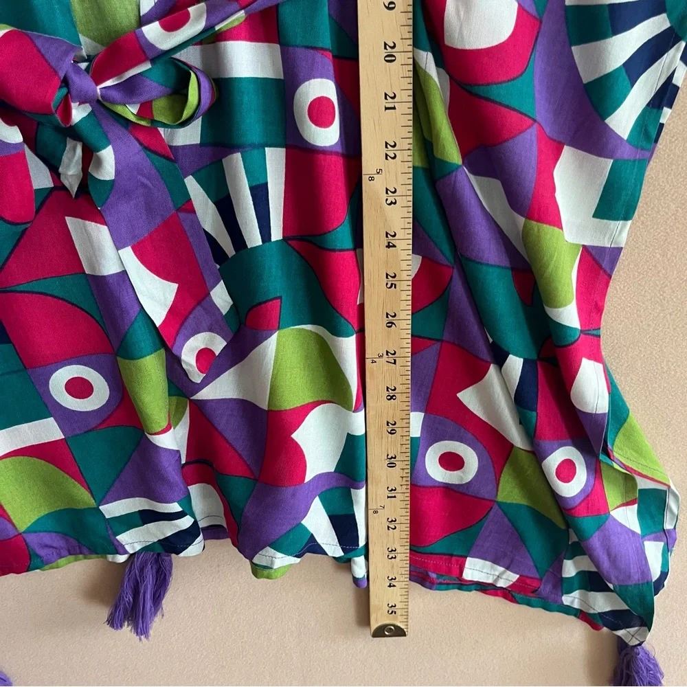 America & Beyond Geo Toucan Viscose Kaftan Kimono Cover-Up Tassel Hem Size S NWT